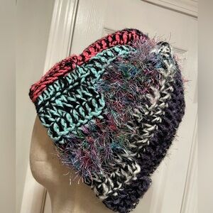 Handmade Crochet Chunky Ribbed Upcycled Multi Fiber Scrappy Yarn Beanie Hat